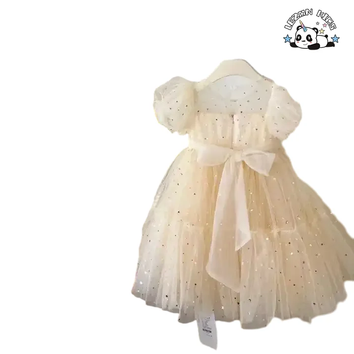 LEZONKIDS - Atacado de Novo Produto vestidos de tule com manga bufante curta e laço grande com impressão de padrão pequeno para meninas crianças